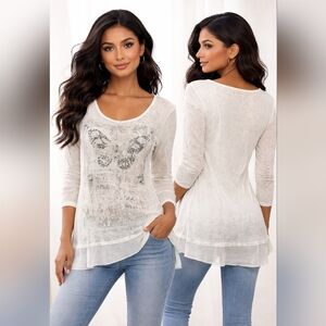 cato butterfly boho tunic top layered sheer hem long sleeve m